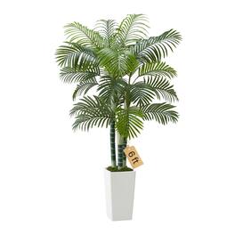 VEVOR - Artificial Areca Palm Tree 6 ft, Fake Palm Tropical Plants with White Tall Planter, Faux Floor Silk Plant in Pot - Green