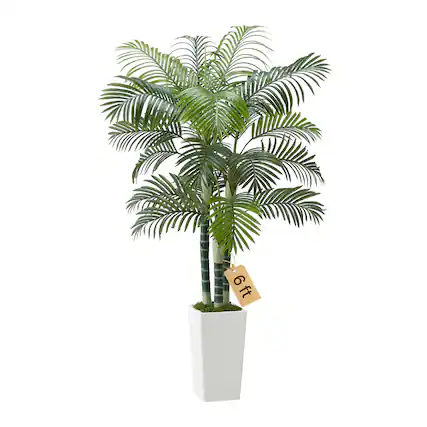 Front. VEVOR - Artificial Areca Palm Tree 6 ft, Fake Palm Tropical Plants with White Tall Planter, Faux Floor Silk Plant in Pot - Green.