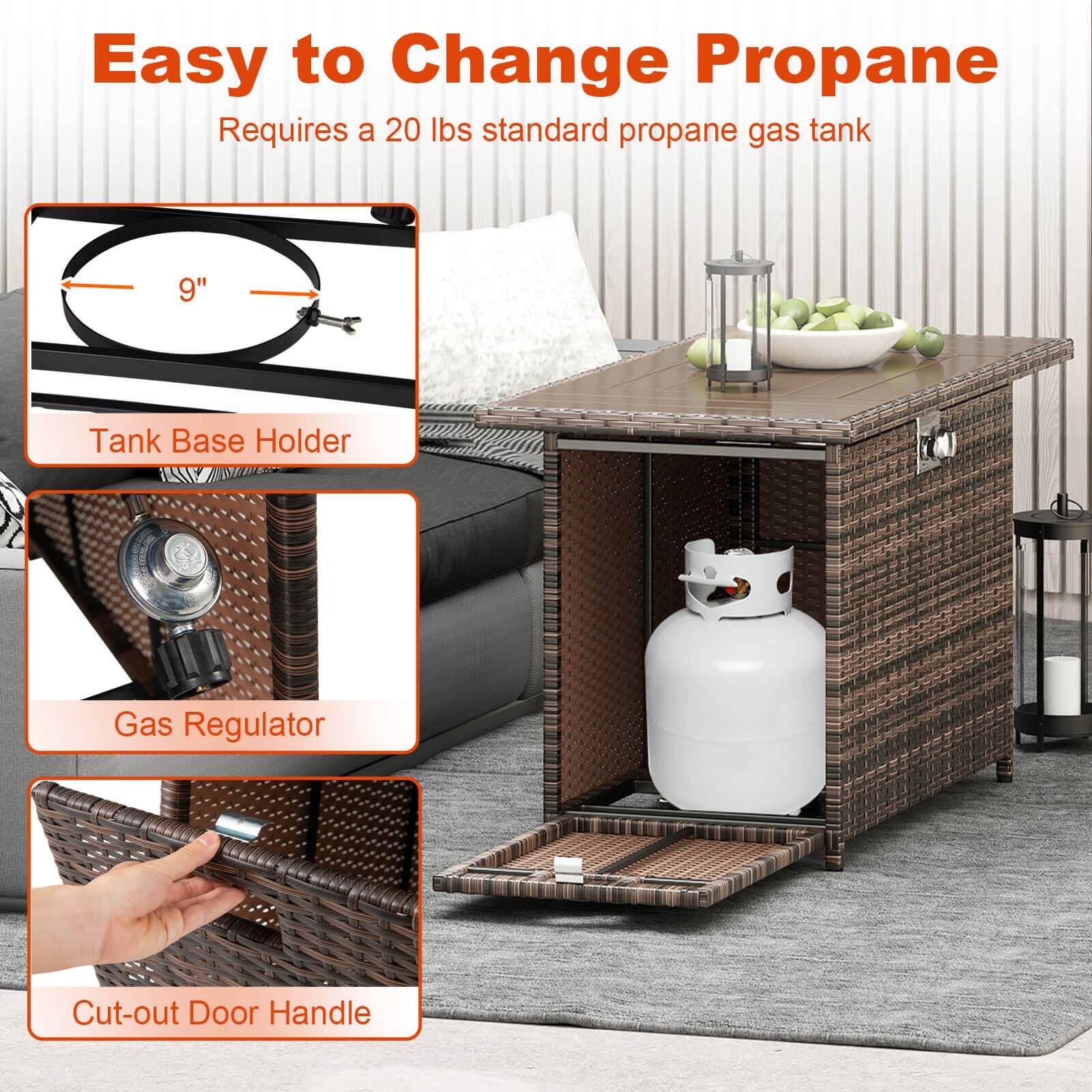 Easy to Change Propane  
Requires a 20 lbs standard propane gas tank  

- Tank Base Holder (9")  
- Gas Regulator  
- Cut-out Door Handle