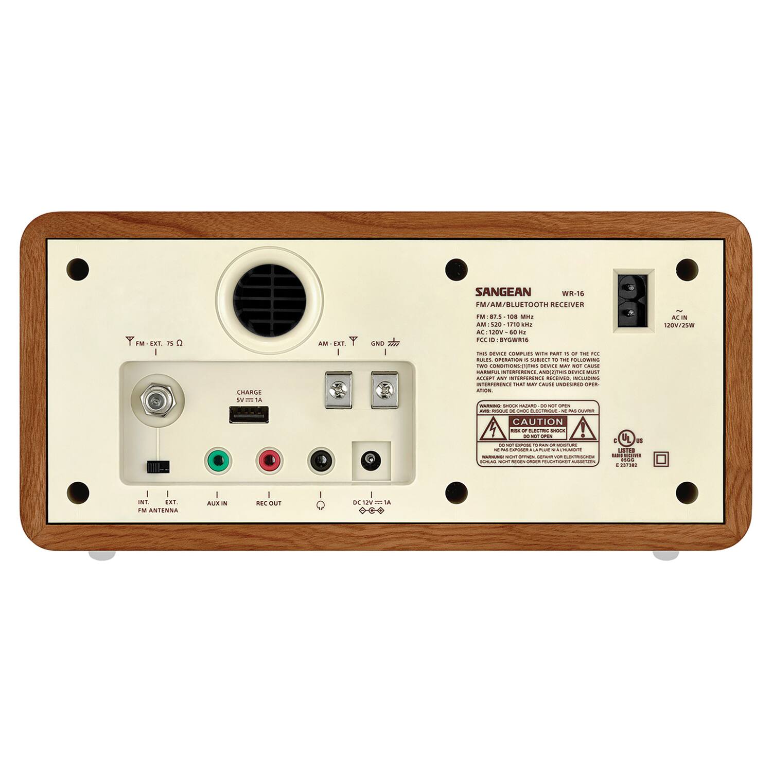 SANGEAN WR-16 FM/AM/BLUETOOTH RECEIVER

FM: 87.5-100 MHz  
AM: 520-1700 kHz  
PCID: BY8WR16  
AC IN: 120V~60Hz  
DC IN: 12V~2A  

CHARGE 5V=1A  

INT. FM ANTENNA  
EXT.  
AUX IN  
REC OUT  
DC 12V  

FM-EXT. TS Q.  
AM-EXT.  
GND  

CAUTION  
WARNING: SHOCK HAZARD - DO NOT OPEN.  
RISK OF ELECTRIC SHOCK.  
DO NOT OPEN.  
DO NOT OPEN.  
DO NOT OPEN.  
DO NOT OPEN.  
DO NOT OPEN.  
DO NOT OPEN.  
DO NOT OPEN.  
DO NOT OPEN.  
DO NOT OPEN.  
DO NOT OPEN.  
DO NOT OPEN.  
DO NOT OPEN.  
DO NOT OPEN.  
DO NOT OPEN.  
DO NOT OPEN.  
DO NOT OPEN.  
DO NOT OPEN.  
DO NOT OPEN.  
DO NOT OPEN.  
DO NOT OPEN.  
DO NOT OPEN.  
DO NOT