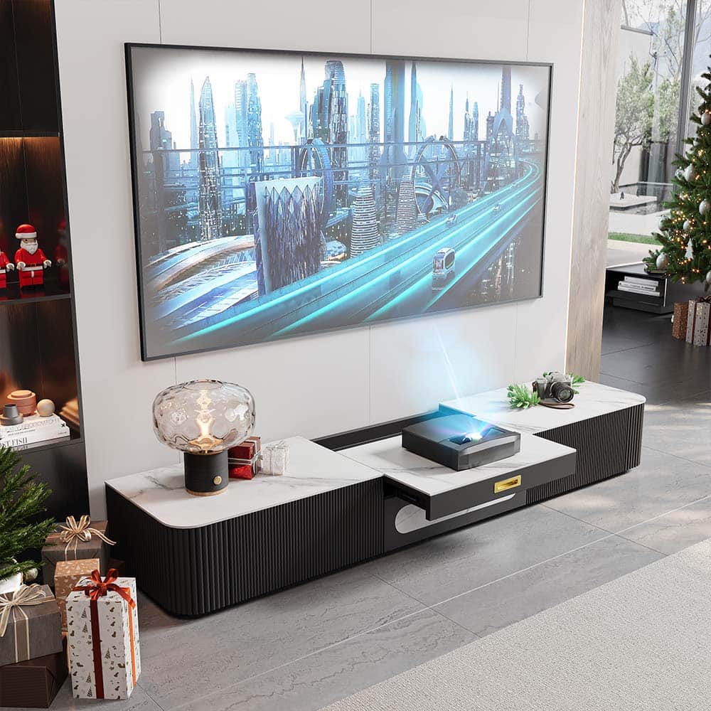 POVISON - 79" Modern TV Stand for Projector, Sintered Stone TV Cabinet with Drawers for Home Theater, Black & White - White & Black