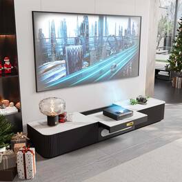 POVISON - 79" Modern TV Stand for Projector, Sintered Stone TV Cabinet with Drawers for Home Theater, Black & White - White & Black