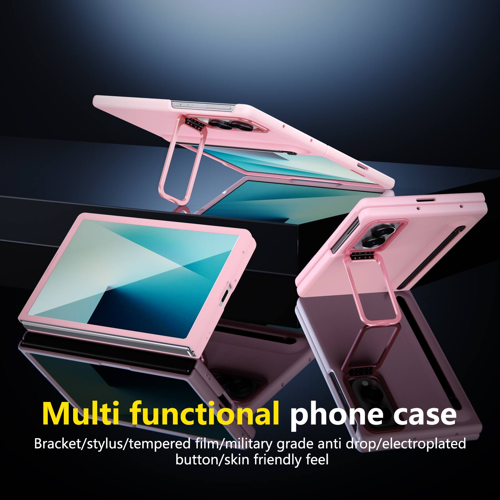 Multi functional phone case  
Bracket/stylus/tempered film/military grade anti drop/electroplated button/skin friendly feel