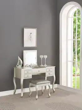 APRILSOUL - Classic Vanity Set w Stool Color Drawers Open-up Mirror Bedroom Furniture Unique Legs Cushion Seat Stool Vanity - Silver