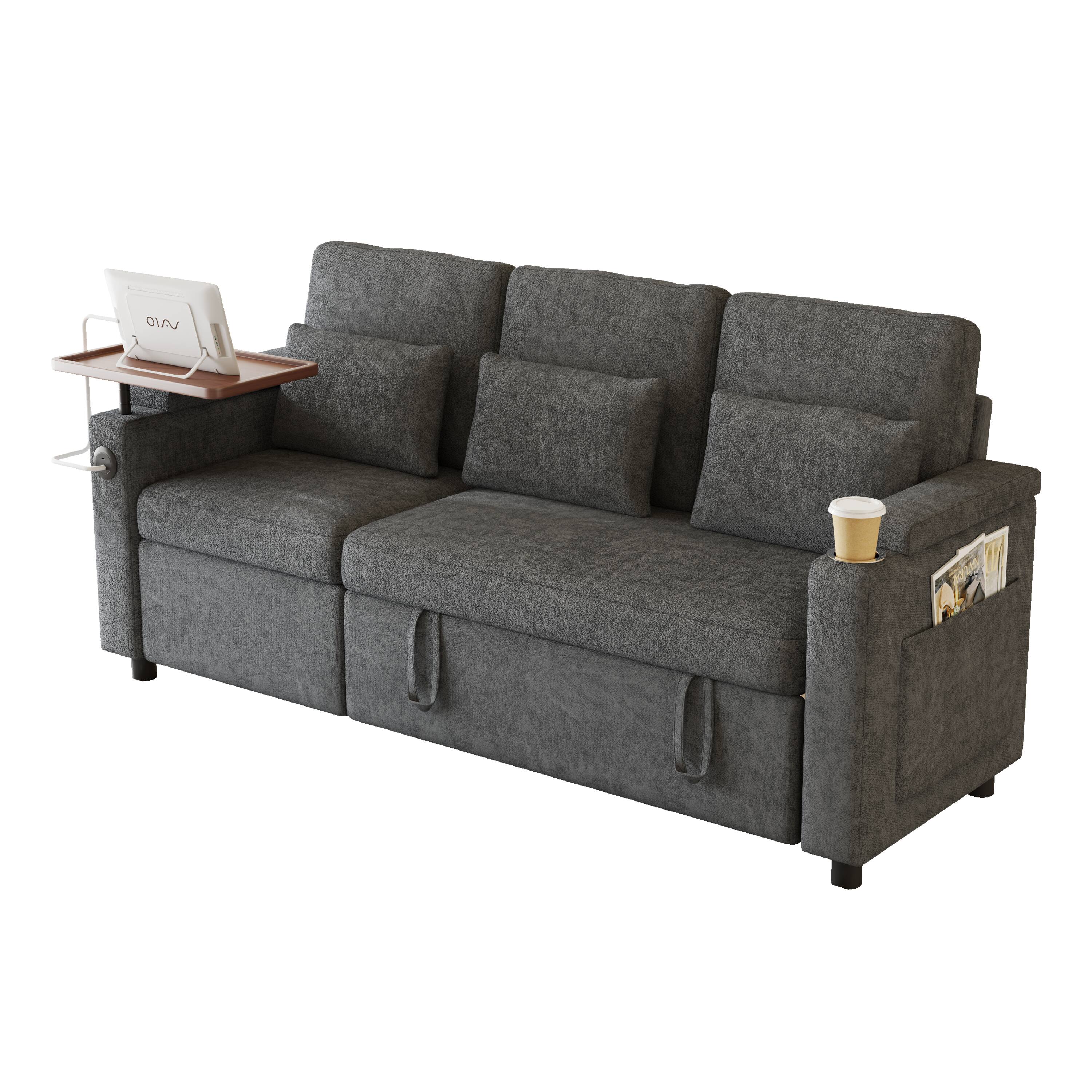 Left. Anysun - 81" 3-in-1 Foldable 3-Seater Sofa Bed, Table Board, USB Ports, Storage Armrests, Adjustable Backrest, Chenille - Dark Grey.