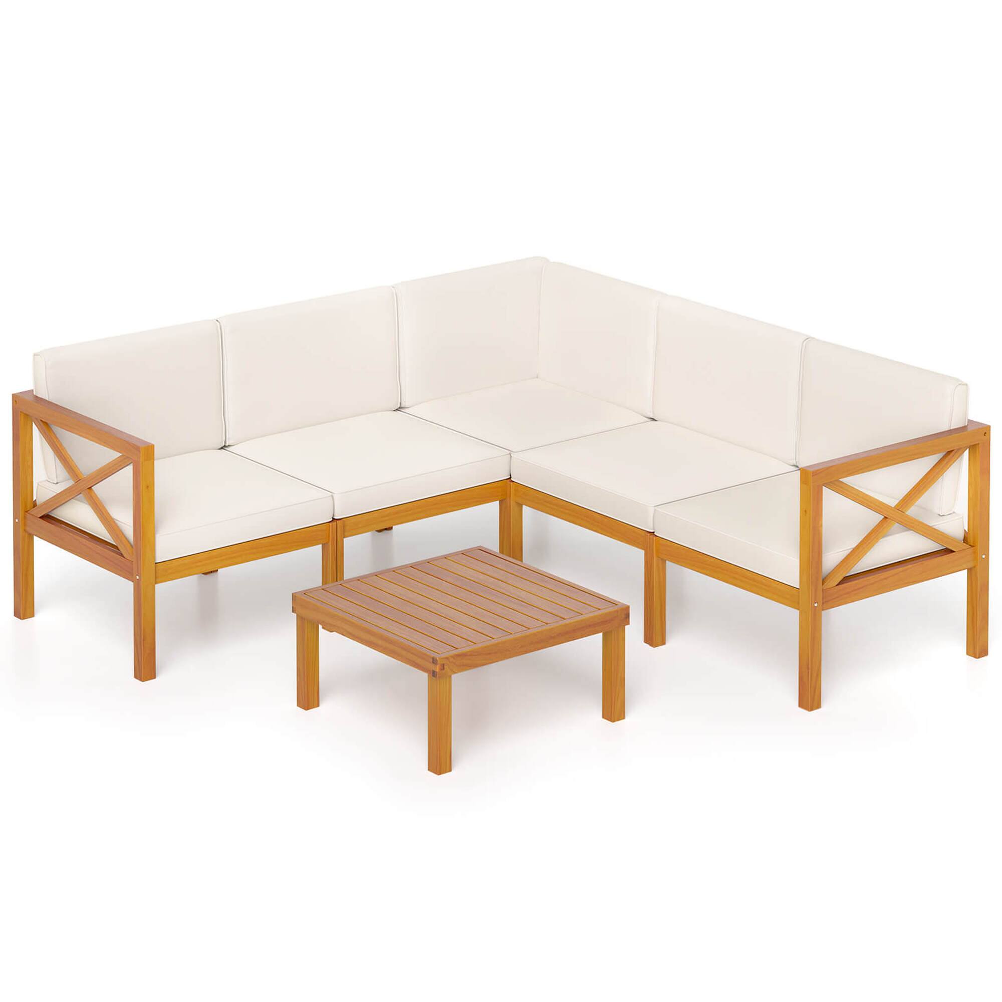 Front. Costway - 6 PCS Acacia Wood Patio Furniture Set with Cushions and Coffee Table for Garden - Off White,Natural.