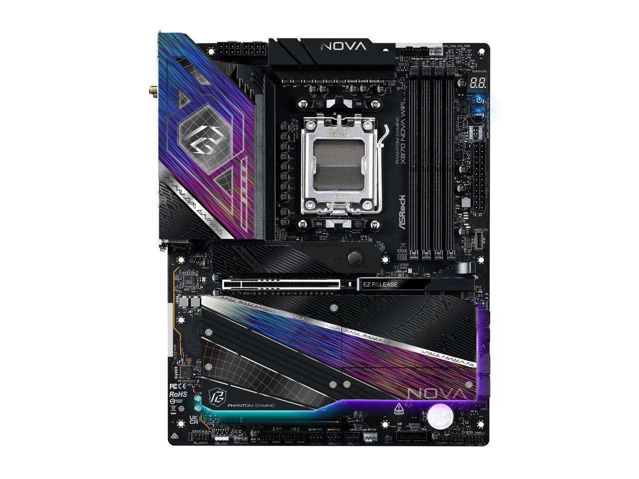 NOVA e = a = 2 = P UO T WIFI GAMING VADN PHANTOM X870 ASRock + 8.8. EZ RELEASE Aes ma ETEn FCCE RoHS 12 PHANTOM GAMING AAA A NOVA UK CA