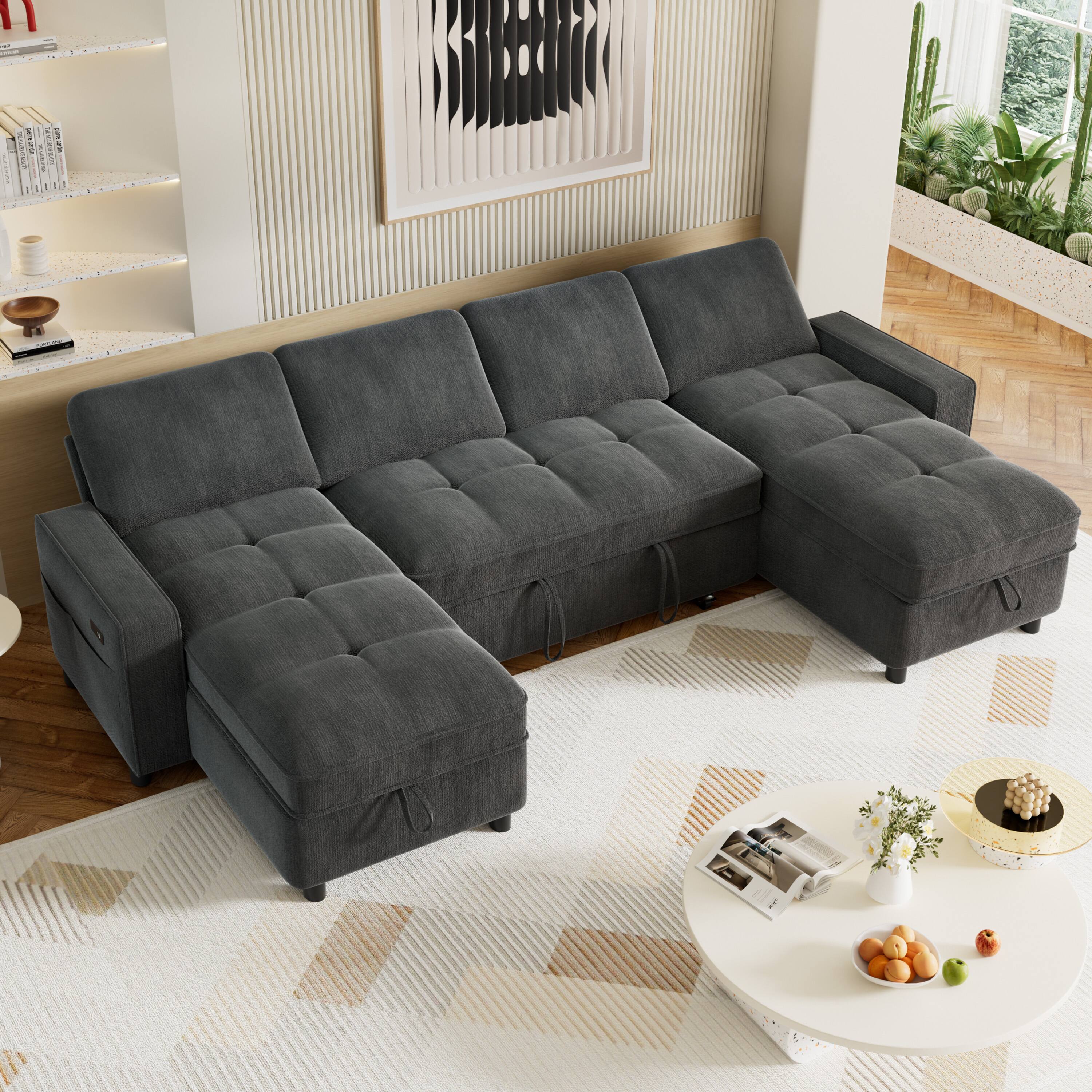 Alt View 1. Dyonery - 105" U Shaped Couch Sleeper Sofa, Pull Out Couch with Reclining Backrest, Reversible Storage Chaise, USB Ports - Grey.