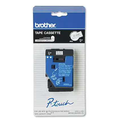**Brother**
**TAPE CASSETTE**
Laminated tape for durability
LAMINATED LABELS
**BLACK ON WHITE**
9 mm / 3/8"
**TC-2021**
1PCE
**FOR USE WITH**
PT-6/8/10 GOLD 170K/1502025
**TAPE CAPACITY**
25 feet
**MADE IN JAPAN**
BROTHER INDUSTRIES, LTD.
**P-touch**
**INSTALLATION**
1. Turn the cassette upside down.
2. Slide the tape into the cassette.
3. Close the cassette.
4. Insert the cassette into the printer.
5. Press the "FEED" button to load the tape.
**CODE**
4FEED
**USP207721E**
EPSON/EPSON/EPSON/EPSON/EPSON/EPSON/EPSON/EPSON/EPSON/EPSON/EPSON/EPSON/EPSON/EPSON/EPSON/EPSON/EPSON/EPSON/EPSON/EPSON/EPSON/EPSON/