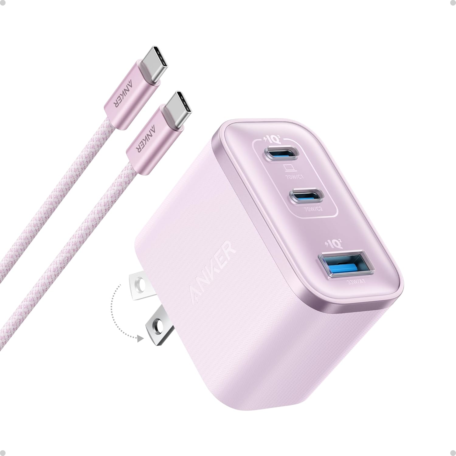 Anker - Nano Charger, Ultra-Fast 70W Output 3-Port USB C Charger Block - Pink