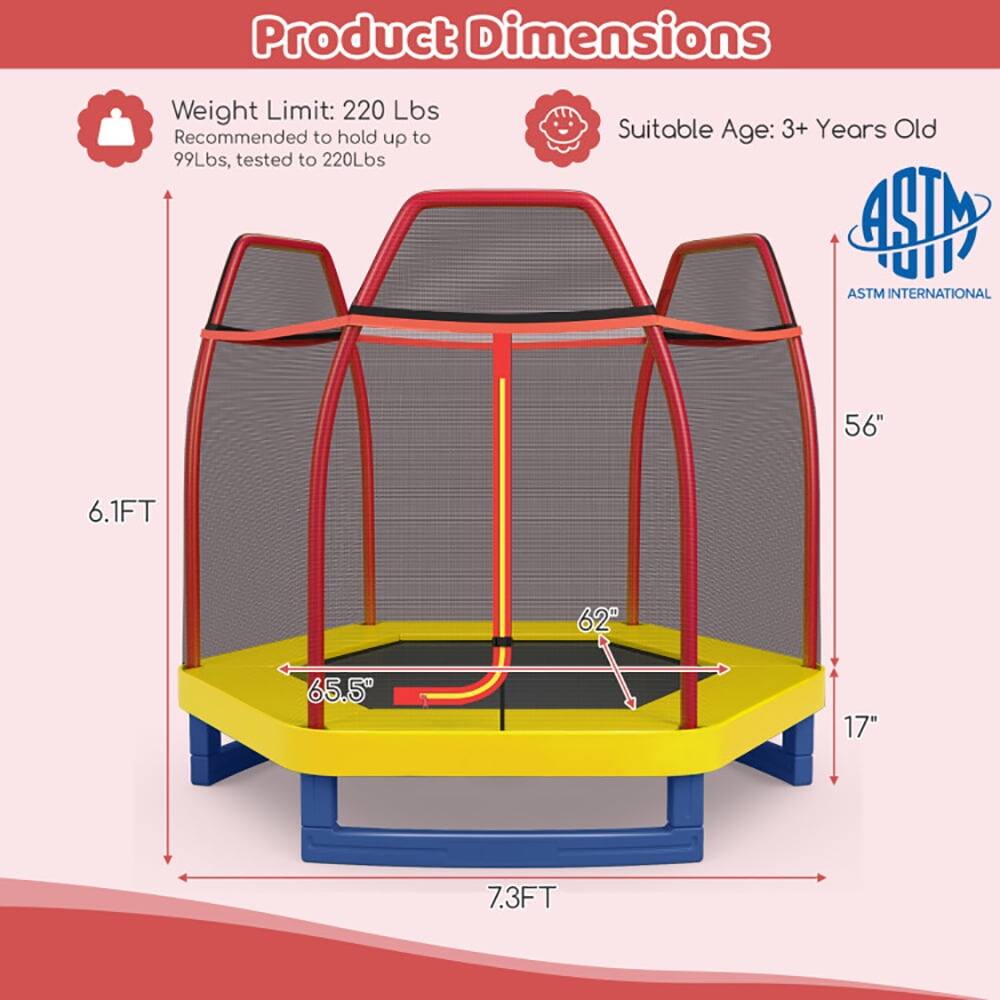 Product Dimensions  
Weight Limit: 220 Lbs  
Recommended to hold up to 99Lbs, tested to 220Lbs  
Suitable Age: 3+ Years Old  
ASTM INTERNATIONAL  

56"  
6.1FT  
62"  
65.5"  
17"  
7.3FT