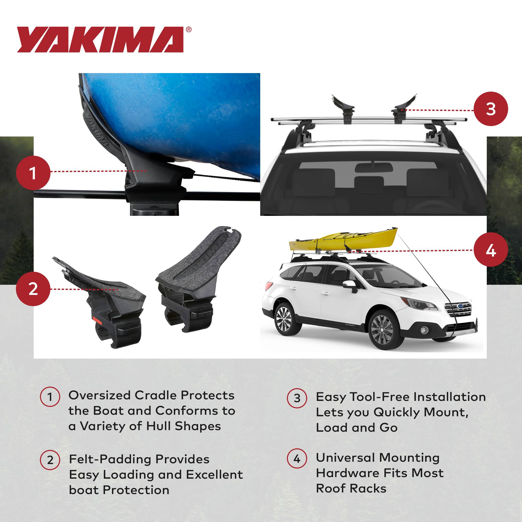 YAKIMA

1. Oversized Cradle Protects the Boat and Conforms to a Variety of Hull Shapes
2. Felt-Padding Provides Easy Loading and Excellent Boat Protection
3. Easy Tool-Free Installation Lets you Quickly Mount, Load and Go
4. Universal Mounting Hardware Fits Most Roof Racks