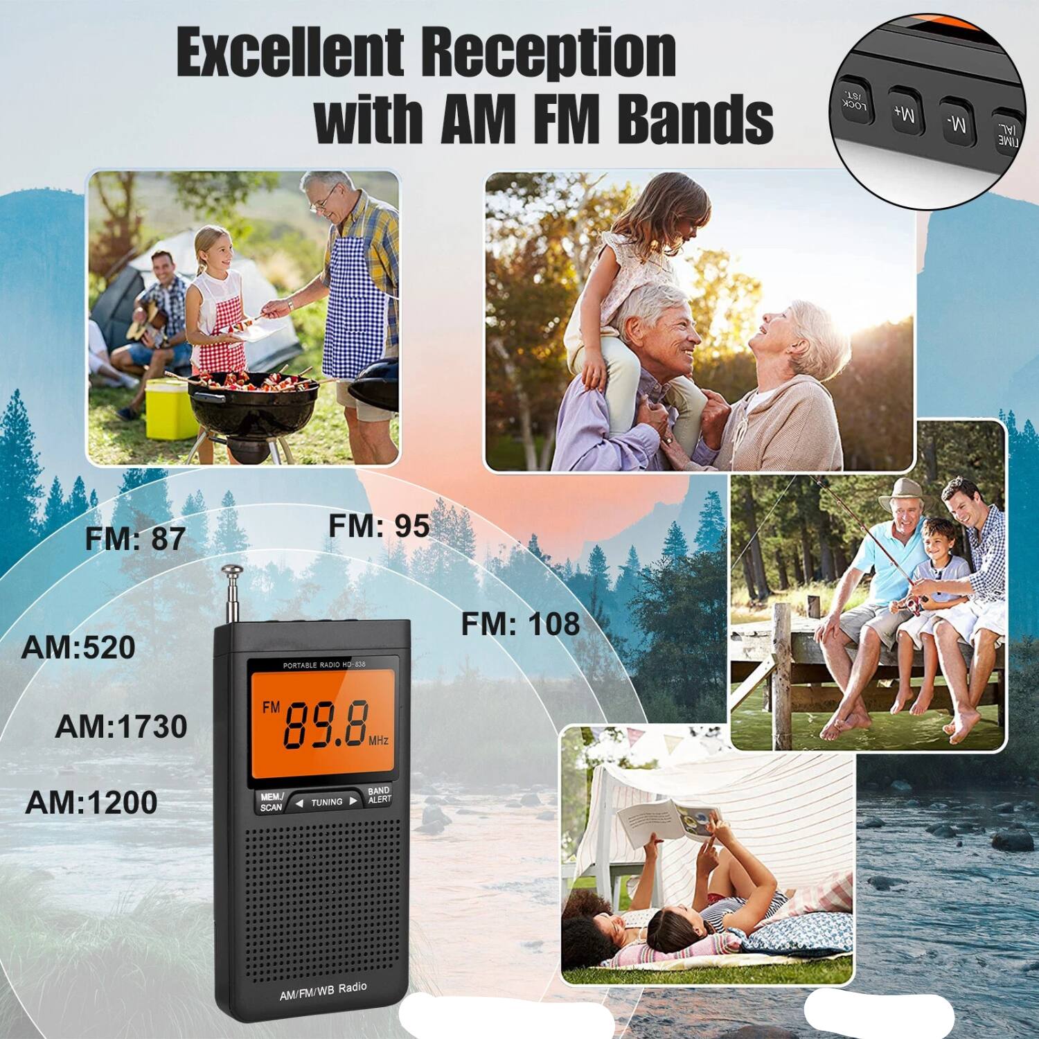 Excellent Reception with AM FM Bands

FM: 87  
AM: 520  
AM: 1730  
AM: 1200  

FM: 95  
FM: 108  

AM/FM/WB Radio