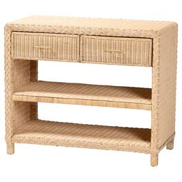 bali & pari - Lanica Braided Rattan Console Table with Drawers and Shelves – Coastal Style Storage Cabinet - Sun-bleached Rattan