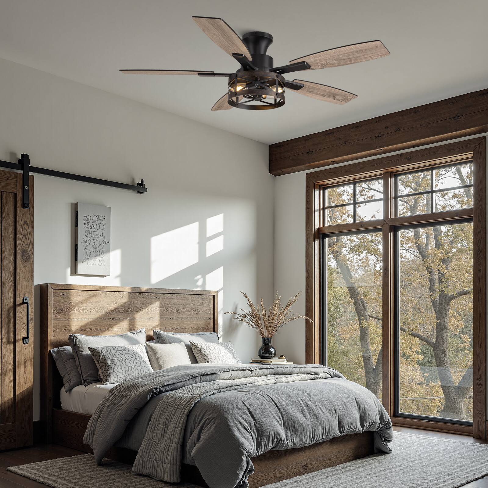 Left. Siljoy - 52 Inch Black Caged Farmhouse Ceiling Fan with Lights, Remote & APP Control for Bedroom, Living Room, Indoor/Outdoor - Black.