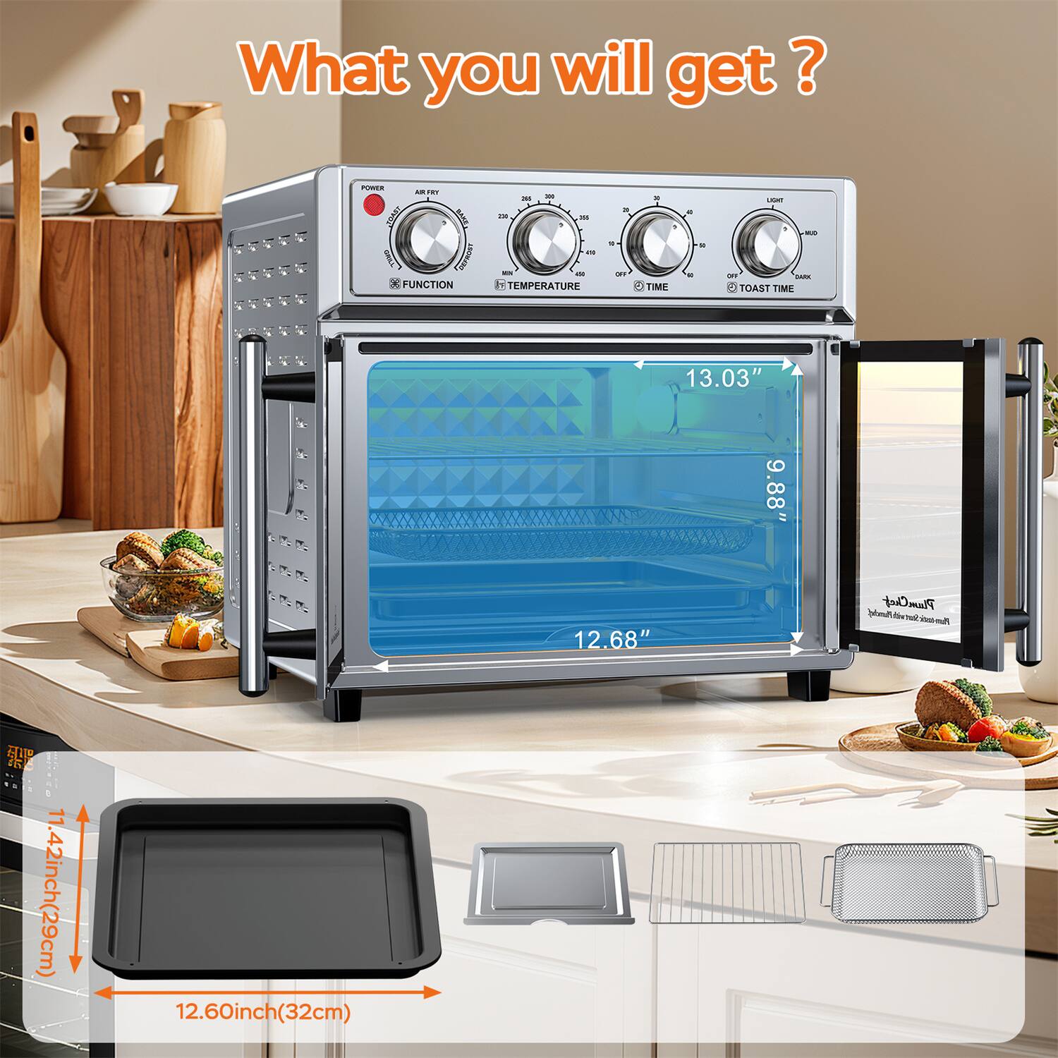 What you will get?

- POMEE
- FUNCTION
- TEMPERATURE
- TIME
- TOAST TIME

13.03" 9.88" 12.68"

11.42inch(29cm) 12.60inch(32cm)