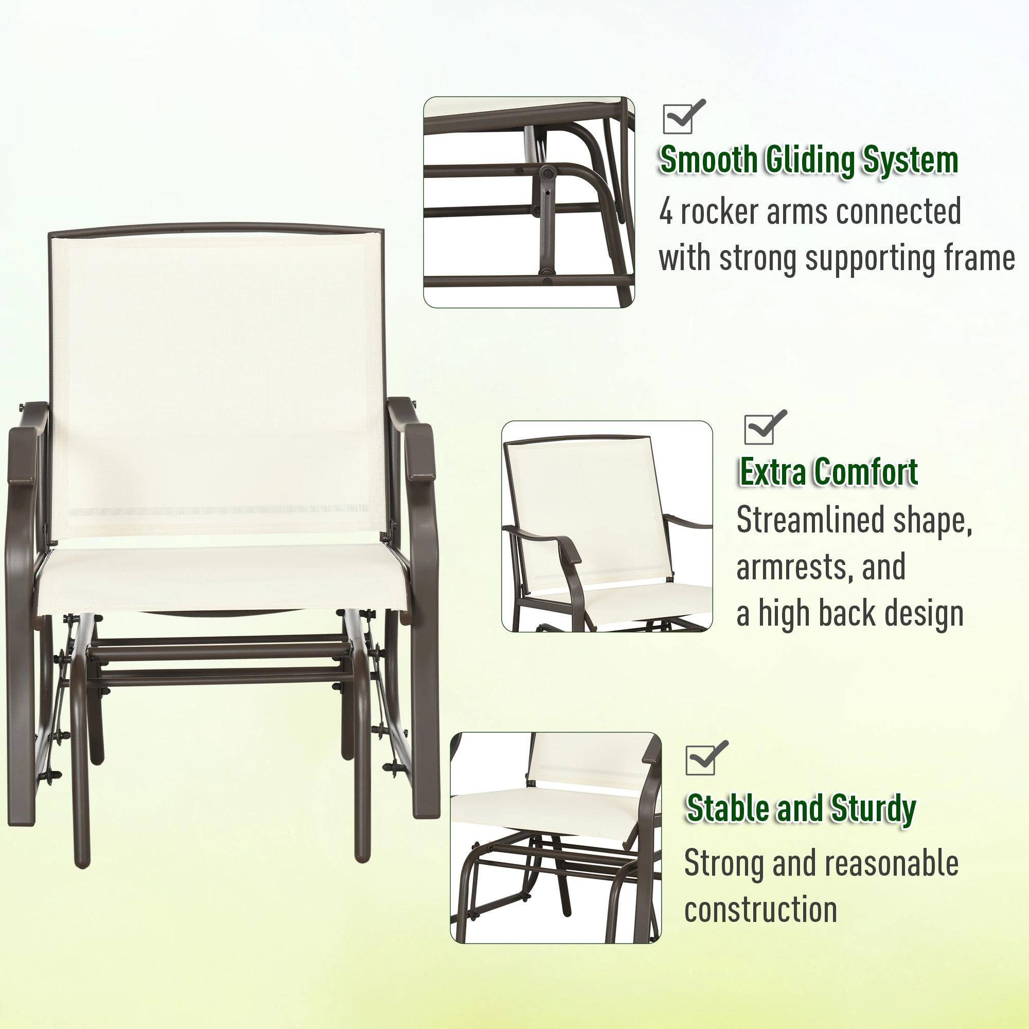 - Smooth Gliding System  
  4 rocker arms connected with strong supporting frame

- Extra Comfort  
  Streamlined shape, armrests, and a high back design

- Stable and Sturdy  
  Strong and reasonable construction
