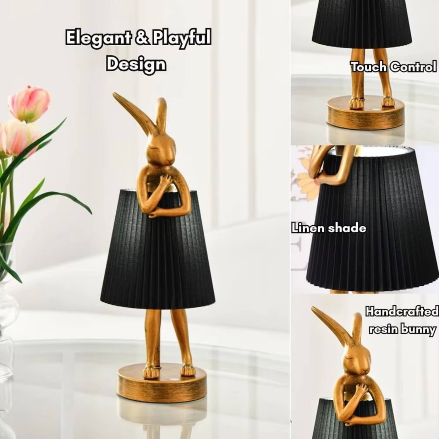 Elegant & Playful Design  
Touch Control  
Linen shade  
Handcrafted resin bunny