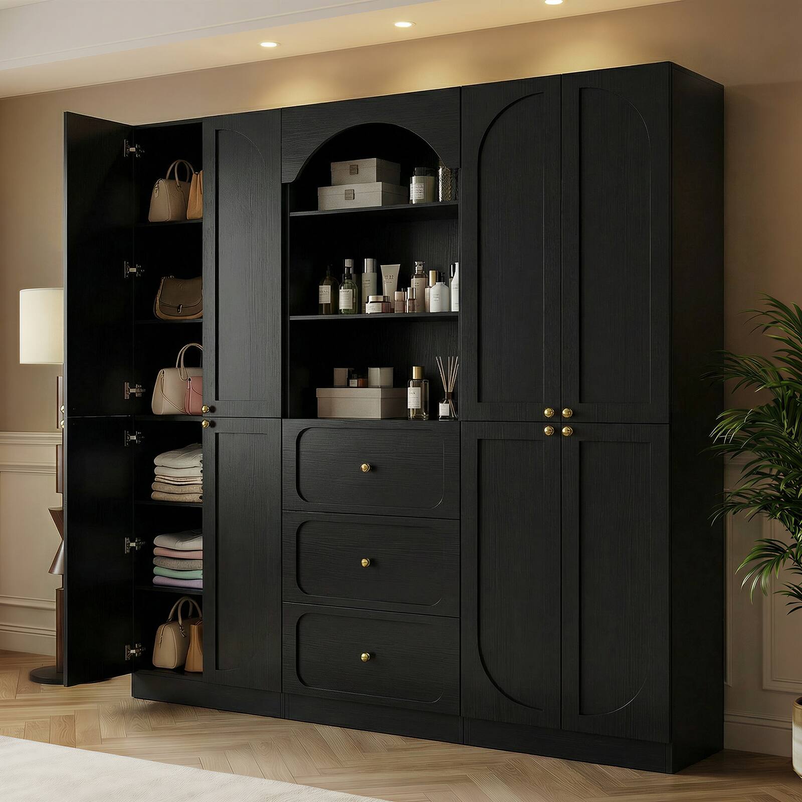 Left. Aheaplus - 80" Arched Kitchen Pantry Sets: 47" Wood Cupboard with 3 Drawers & 3-Tier Shelves, Wall-Fit for Kitchen/Living Room - Black.