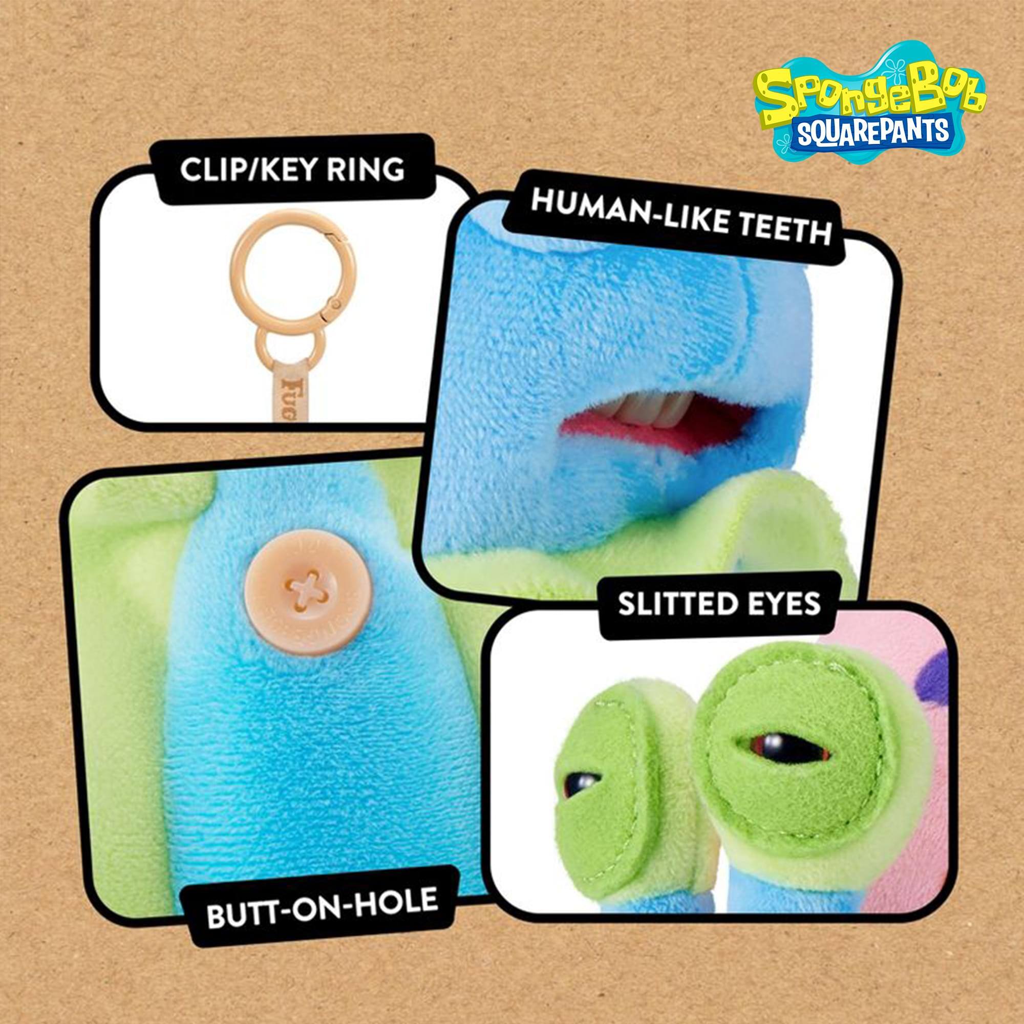 CLIP/KEY RING  
HUMAN-LIKE TEETH  
SLITTED EYES  
BUTT-ON-HOLE  

SpongeBob SquarePants