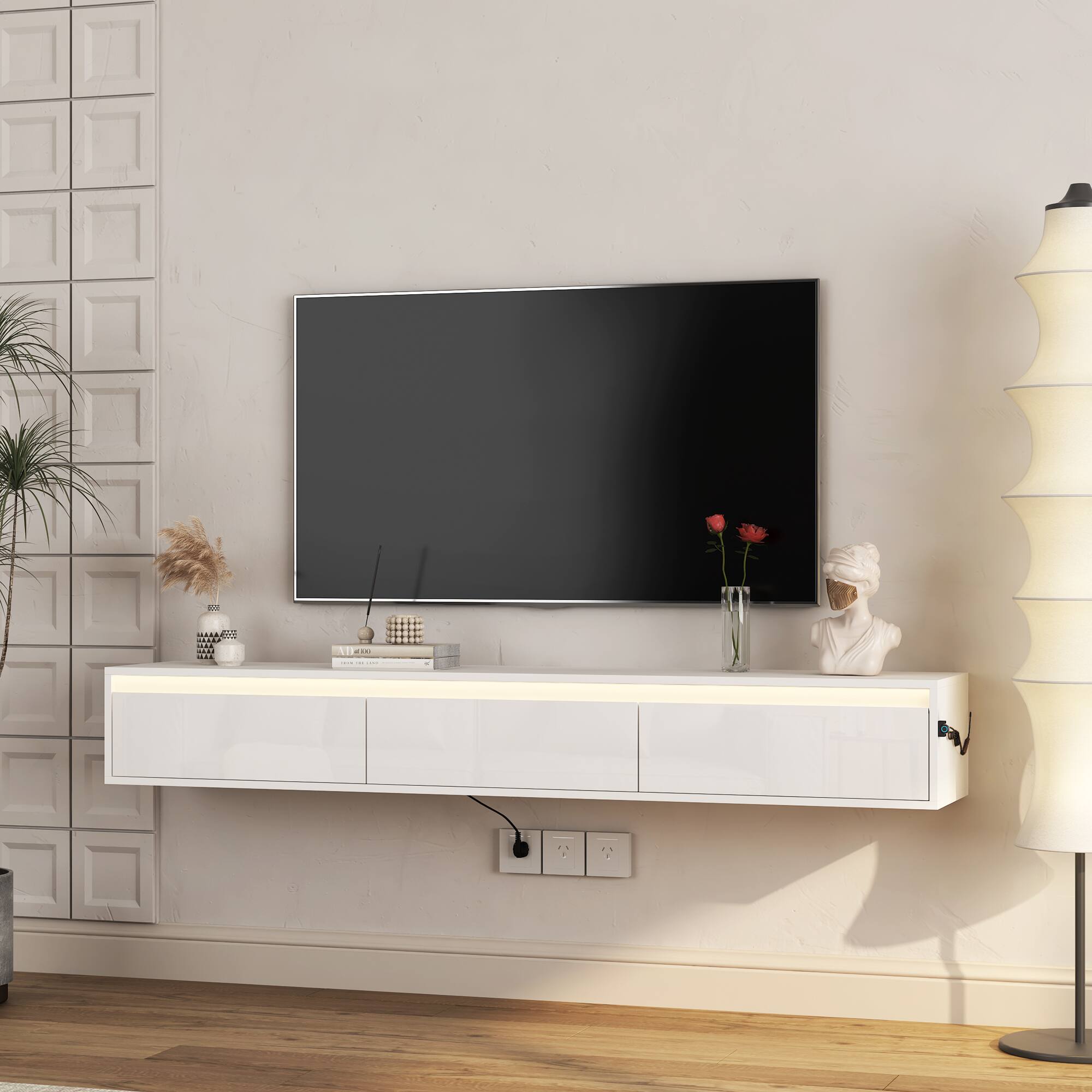 Angle. APRILSOUL - Floating TV Stand Wall Mounted TV Shelf with Led Lights and Power Outlet High Gloss TV Cabinet for TV Stands - White.