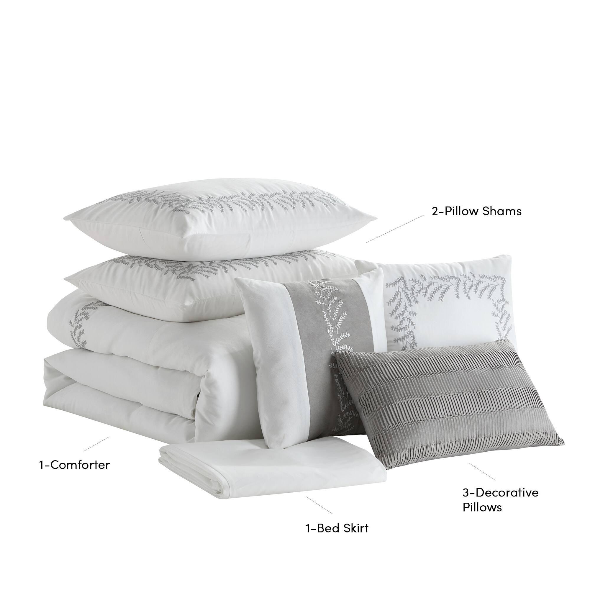 1-Comforter  
2-Pillow Shams  
3-Decorative Pillows  
1-Bed Skirt