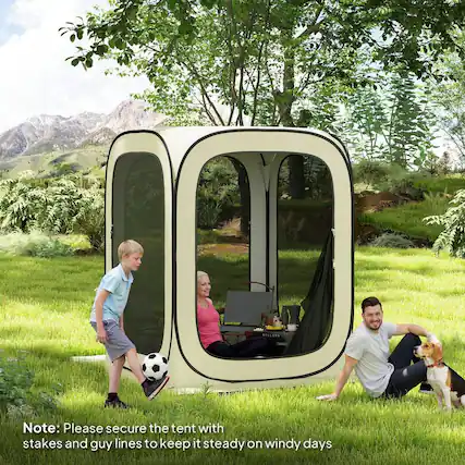 Note: Please secure the tent with stakes and guy lines to keep it steady on windy days