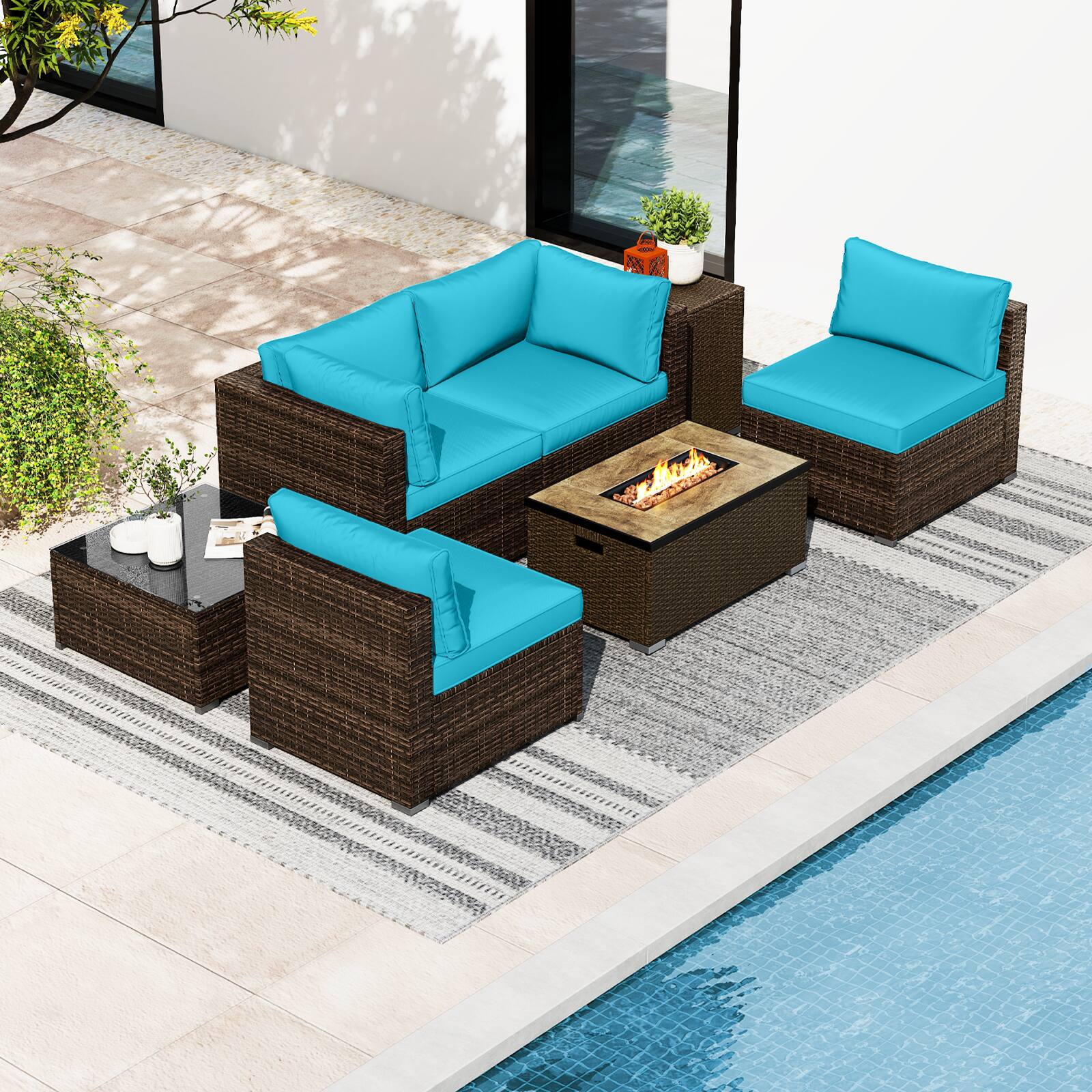 Alt View 3. Costway - Costway 7 Pieces Outdoor Furniture Set with 32" Fire Pit Table and Propane Tank Cover - Turquoise.