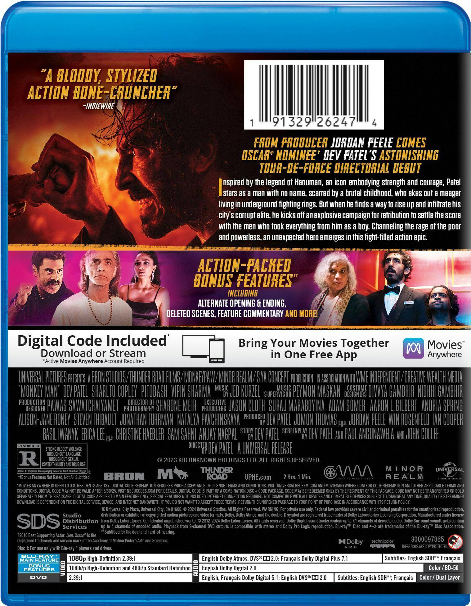 Back. Monkey Man - Collector's Edition Blu-ray + DVD + Digital (with DVD) [Blu-ray].