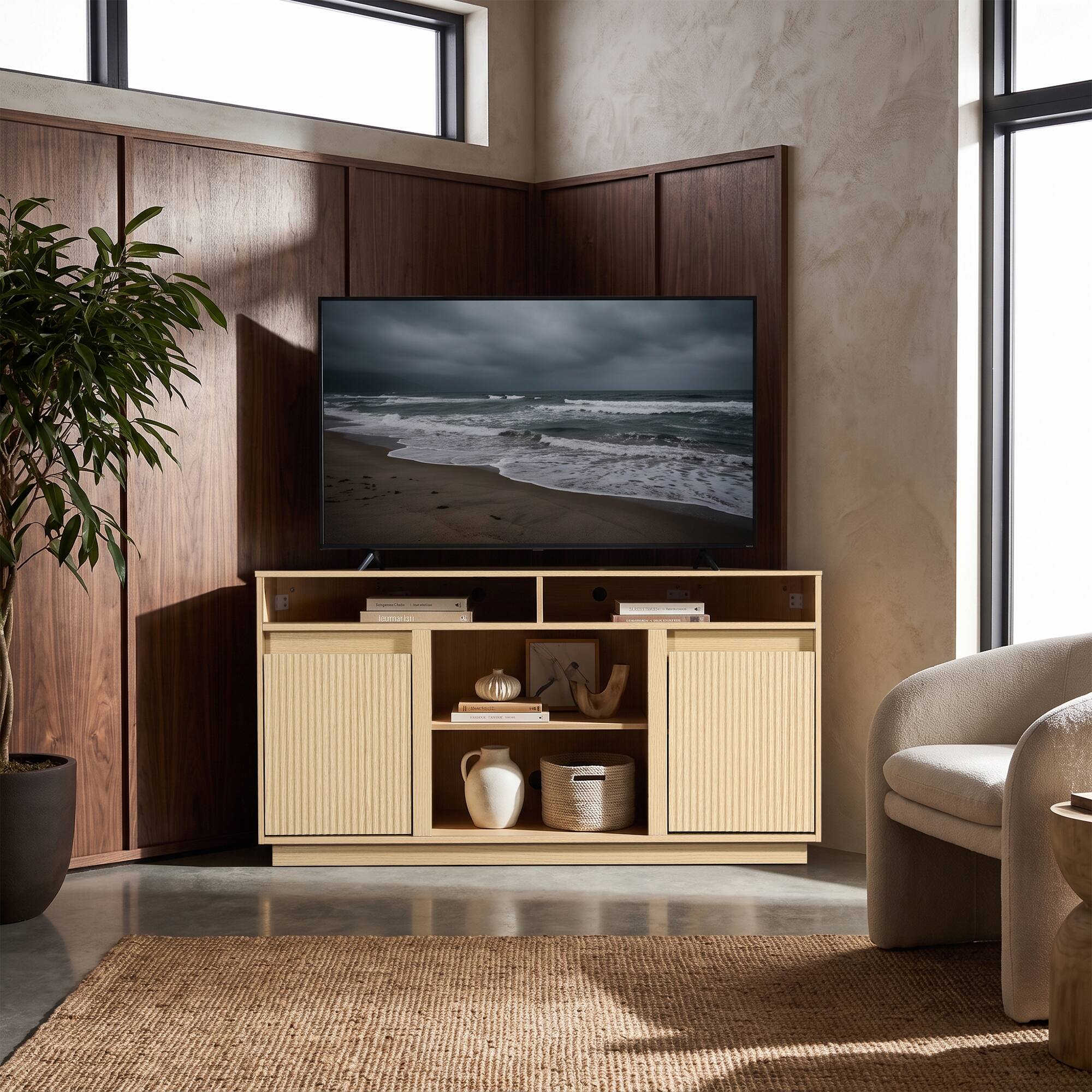 Left. Ihomeadore - 47" Mid-Century Modern Fluted Corner TV Stand Media Console with Storage Shelves and Cable Management for TVs up to 55" - Beige.
