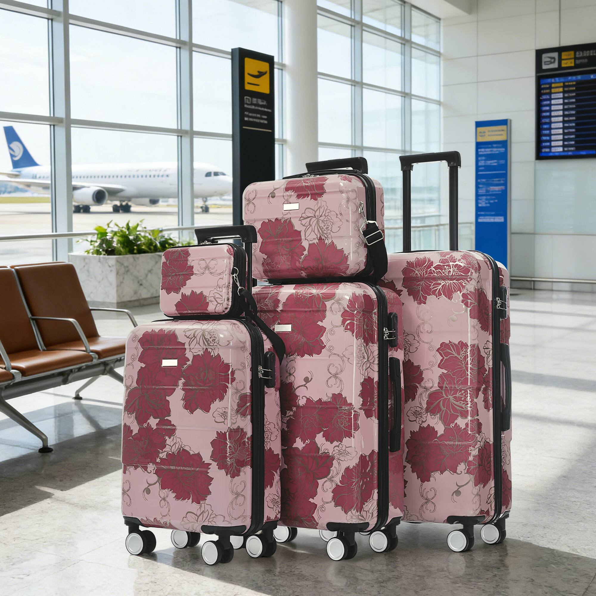 Alt View 10. Ecooso - 5-Piece PC Hard Shell Luggage Set with Password Lock, 8" Case, 14" Cosmetic Case, 20/24/28 Inch - Purple Pink Flower.
