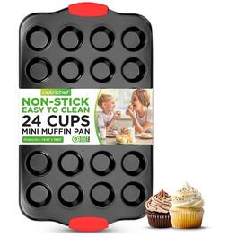 NutriChef - 24-Cup Nonstick Mini Muffin Pan, Carbon Steel Bakeware Tray with Red Silicone Handles (BKNCSBS10SMUFP) - Black
