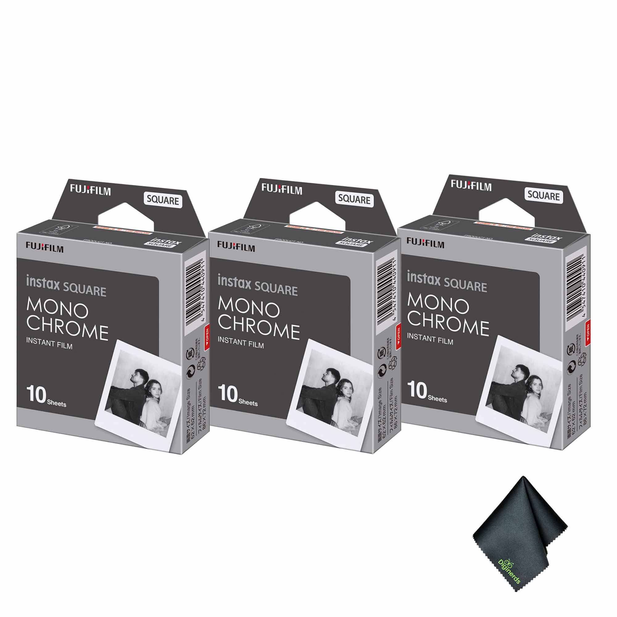 Fujifilm - 3xFUJIFILM INSTAX SQUARE Monochrome Instant Film (10 Exposures), Microfiber Cleaning Cloth, Bundle