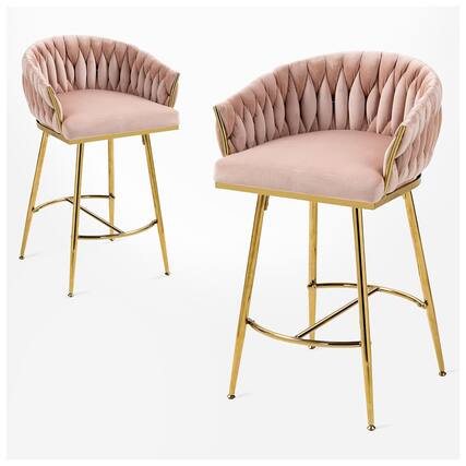 Front. HTUTWOO - Velvet Bar Stools Set of 2, 26'' Modern Counter Height Chairs with Adjustable Non-Slip Glides and Wave Back for Kitchen - Pink.