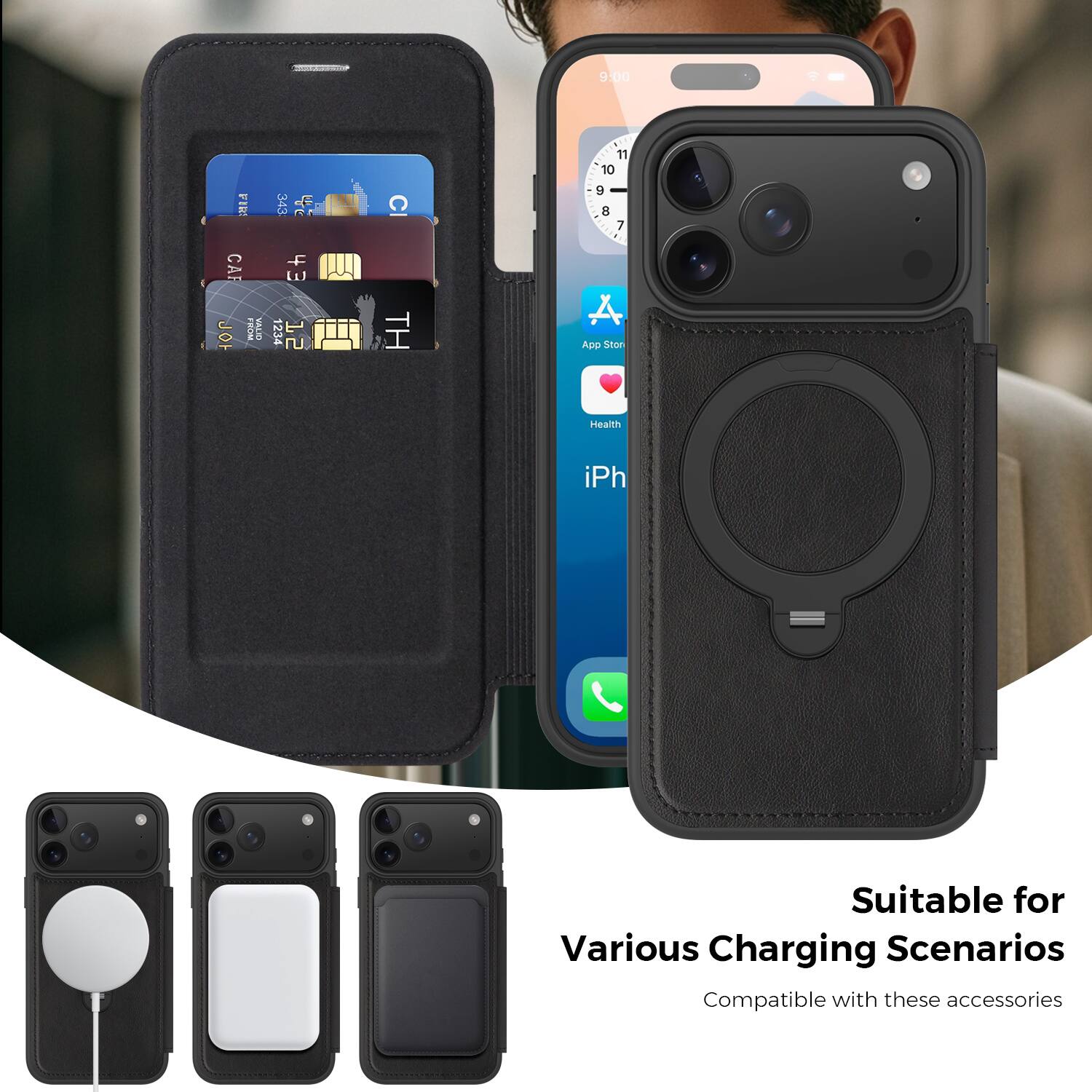 9:00 MLA 343 CI 11 10 9 - 7 CAF S JO mn -I Et 1234 12 TH A ADD Stor

Health iPh

Suitable for Various Charging Scenarios

Compatible with these accessories