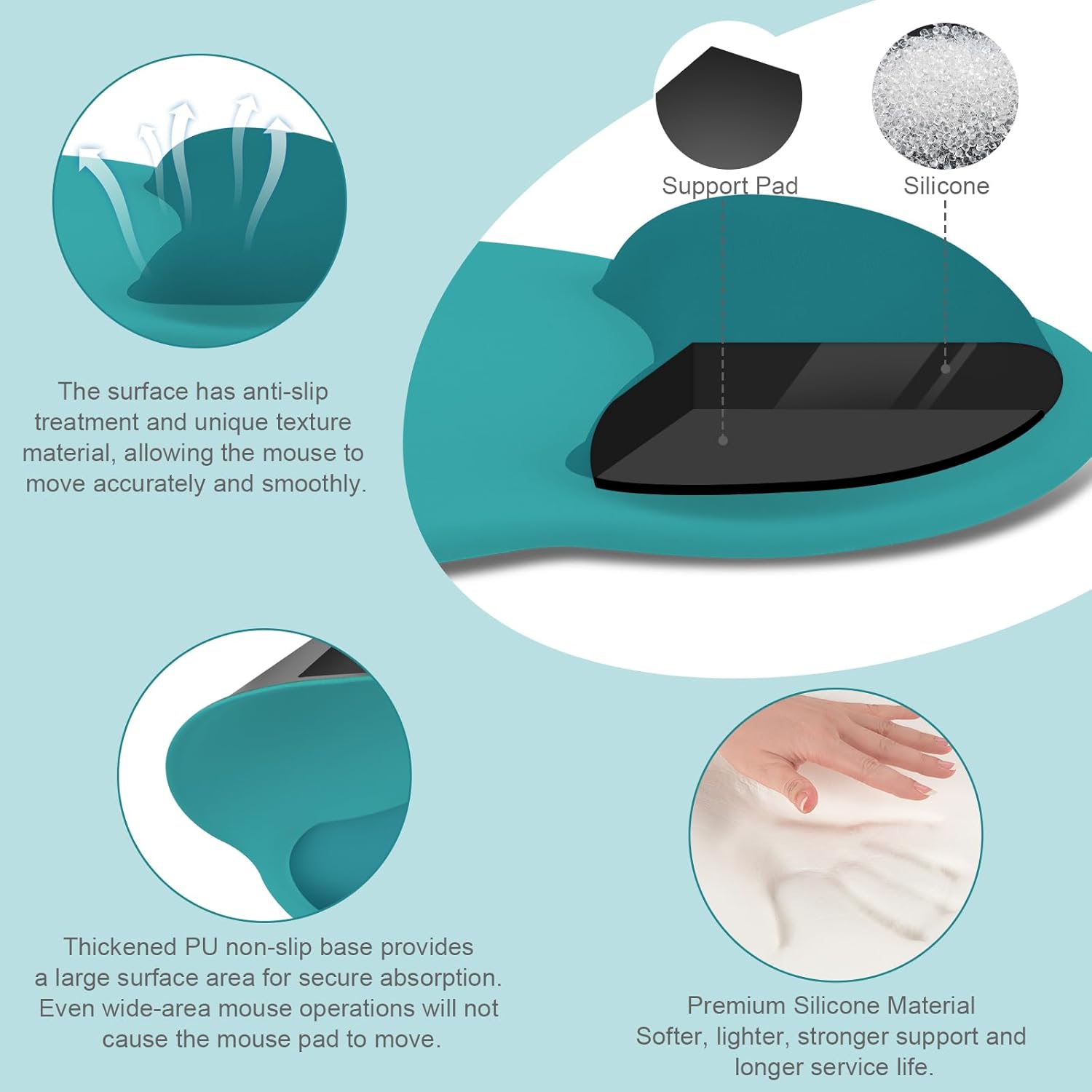 Support Pad Silicone

The surface has anti-slip treatment and unique texture material, allowing the mouse to move accurately and smoothly.

Thickened PU non-slip base provides a large surface area for secure absorption. Even wide-area mouse operations will not cause the mouse pad to move.

Premium Silicone Material
Softer, lighter, stronger support and longer service life.