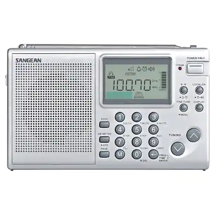 SANGEAN
POWER
Charge
FINE TUNE
FM
100.70 MHz
SIGNAL
Band Width
B-W
LOCAL/DX
0-5
0-40
FINE TUNE
DISPLAY
BAND
SW METER
ATS
PAGE
MENU
1
2
3
SOLCH
T-MUTE
S-MUTE
4
5
6
9/10K STEP
AGC
TUNING
7
8
9
Cor
12/24H
LIGHT
M
0
FREQ
TIME
M.DEL
ENTER