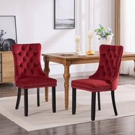 Loheer - Velvet Tufted Dining Chairs Set of 2 High Back Solid Wood Legs - Burgundy