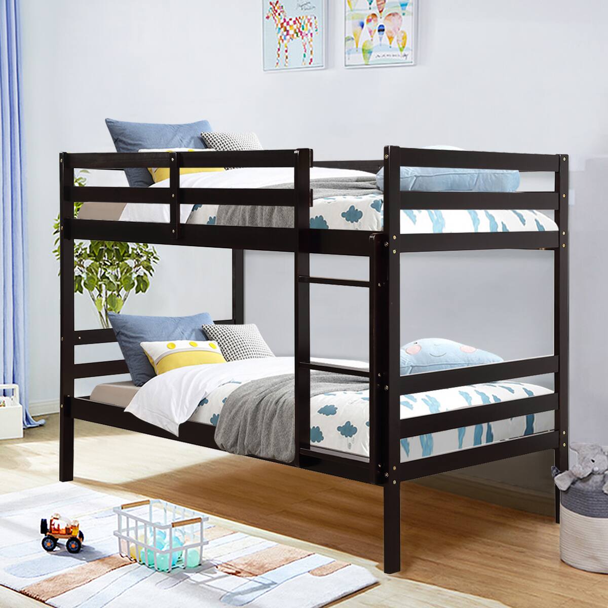 Alt View 1. Costway - Costway Twin Over Twin Wood Bunk Beds Ladder Safety Rail - Espresso.