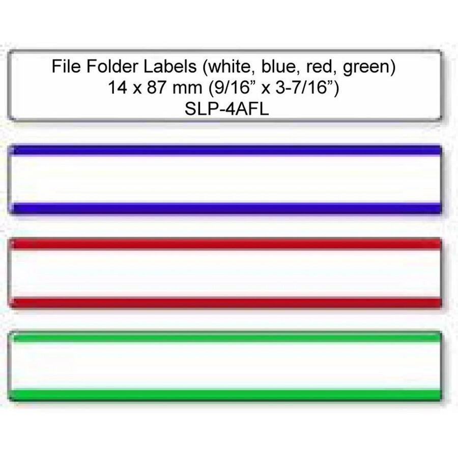 File Folder Labels (white, blue, red, green)  
14 x 87 mm (9/16" x 3-7/16")  
SLP-4AFL