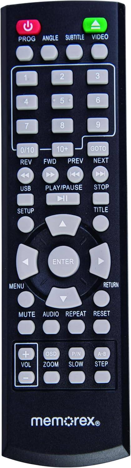 PROG ANGLE SUBTITLE VIDEO 1 2 3 4 5 6 7 8 9 0/10 REV 10+ GOTO FWD PREV NEXT USB PLAY/PAUSE STOP II SETUP TITLE ENTER MENU RETURN MUTE AUDIO REPEAT RESET + VOL OSD ZOOM P/N SLOW A-B STEP mem rex