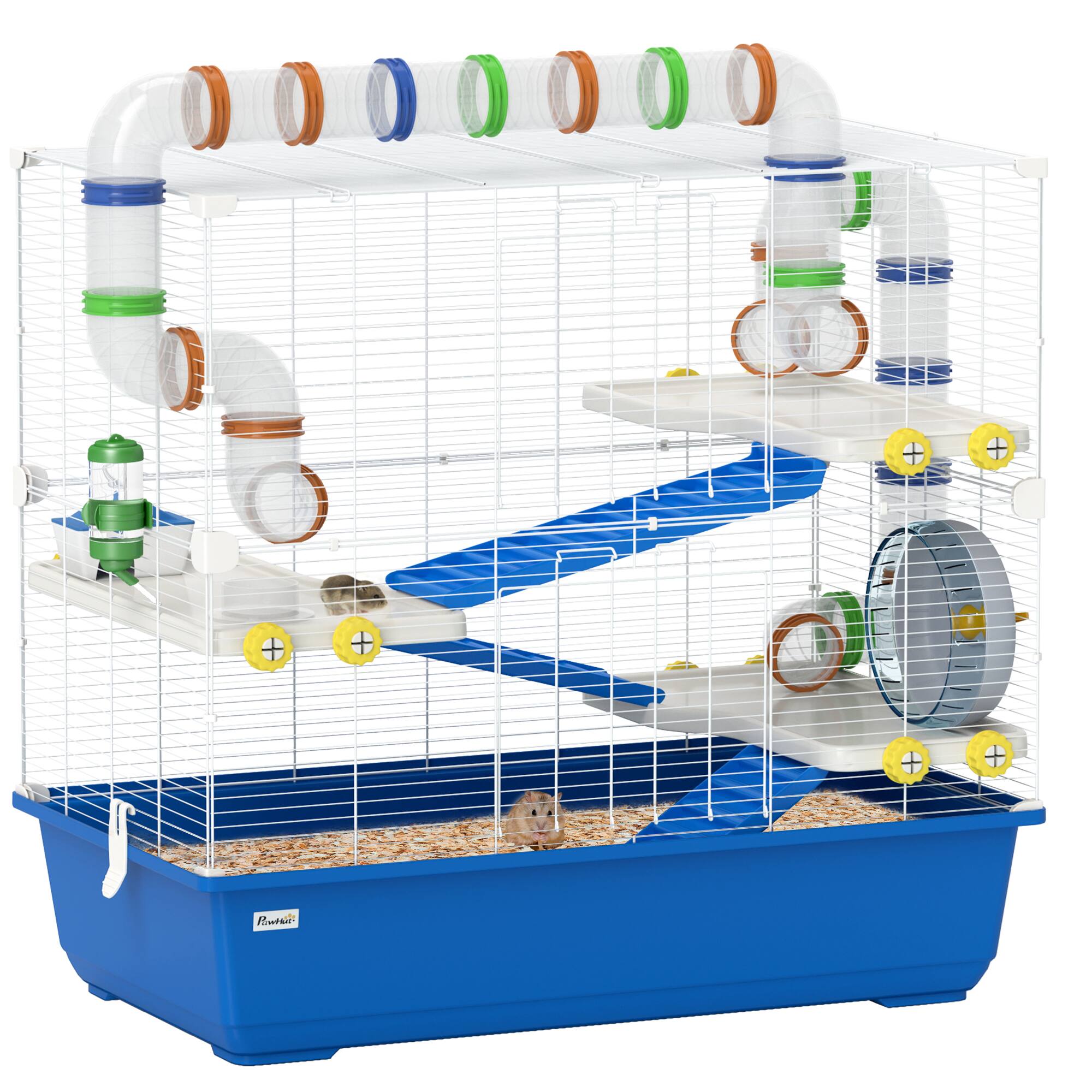 Pawhut - 4 Tier Hamster Cage, Tunnel Tube System, Hut, Exercise Wheel, Water Bottle, Food Dish, Rat Cage for Syrian, Gerbil