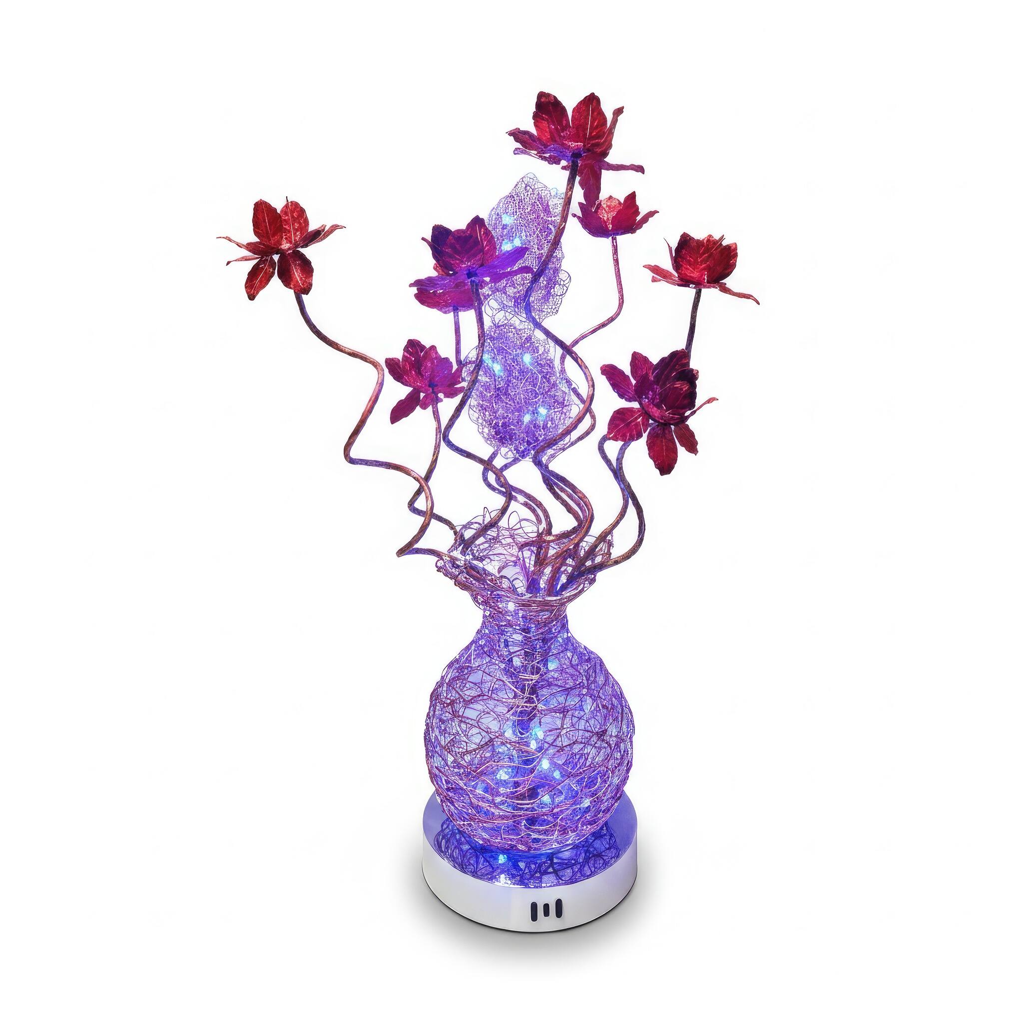 Angle. FC Design - 24"H Red Elegant Vase & Floral Stem Pink Changing Light Table Lamp.