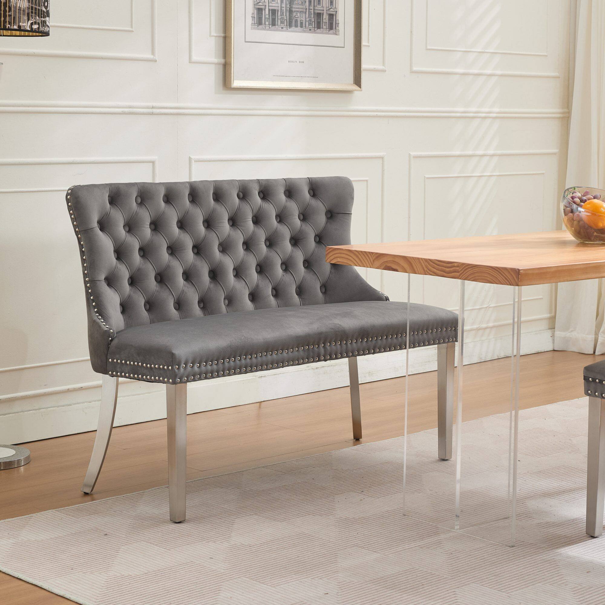 Angle. GOODSILO - Velvet Double Dining Loveseat Bench with Tufted Back and Stainless Steel Legs for Modern Kitchen Seating - Gray.