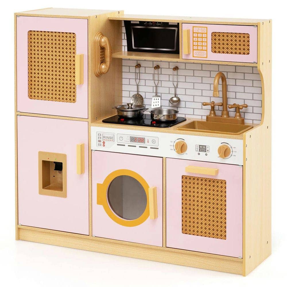 Resenkos - Kids Wooden Play Kitchen with Realistic Lights & Sounds - Interactive Pretend Toy - Pink