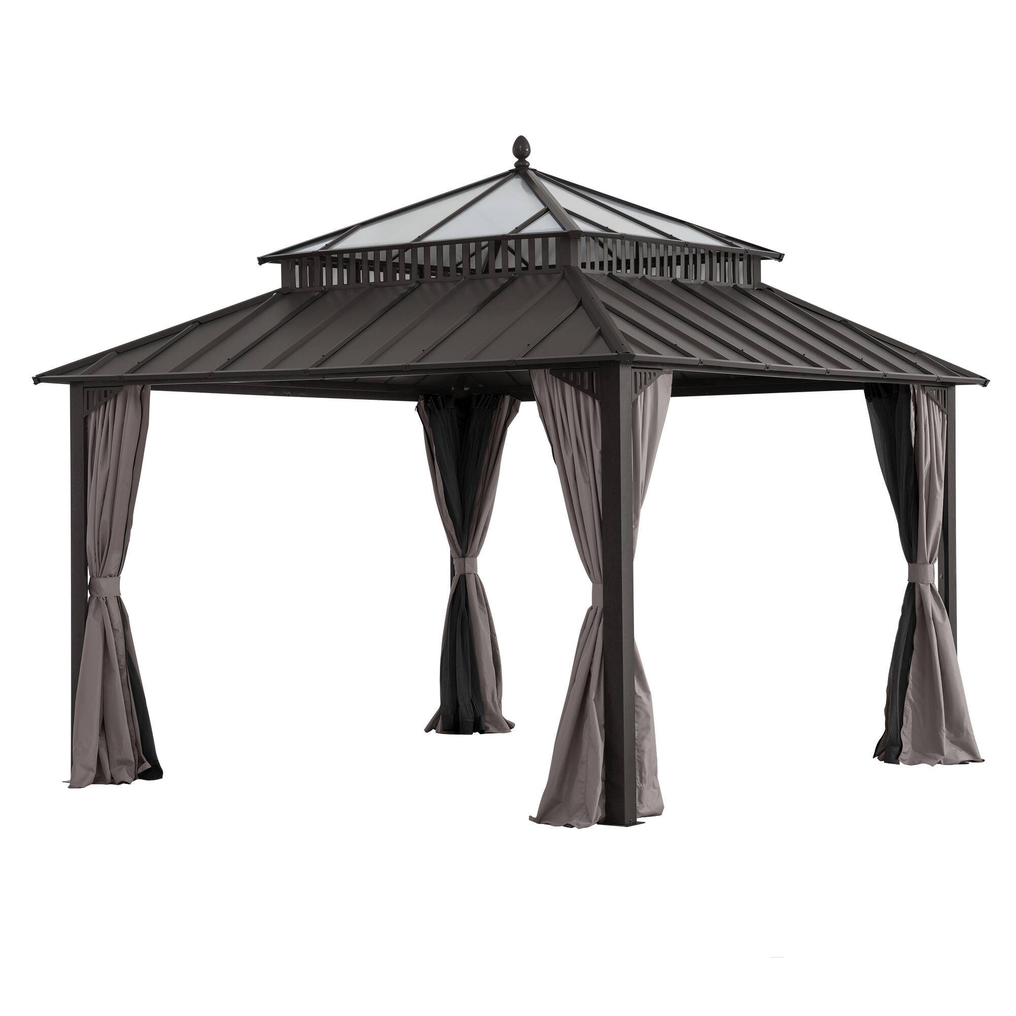 Angle. SUNJOY - SUNJOY Kingston 12x12 Gazebo, Steel & PC Roof Hardtop Gazebo with Curtain and Netting - Brown Aluminum Posts - Brown.