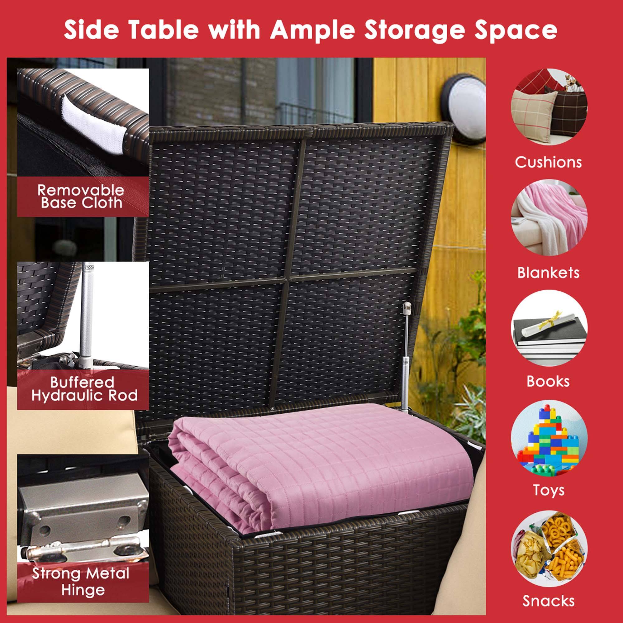 Side Table with Ample Storage Space

- Removable Base Cloth
- Buffered Hydraulic Rod
- Strong Metal Hinge

- Cushions
- Blankets
- Books
- Toys
- Snacks