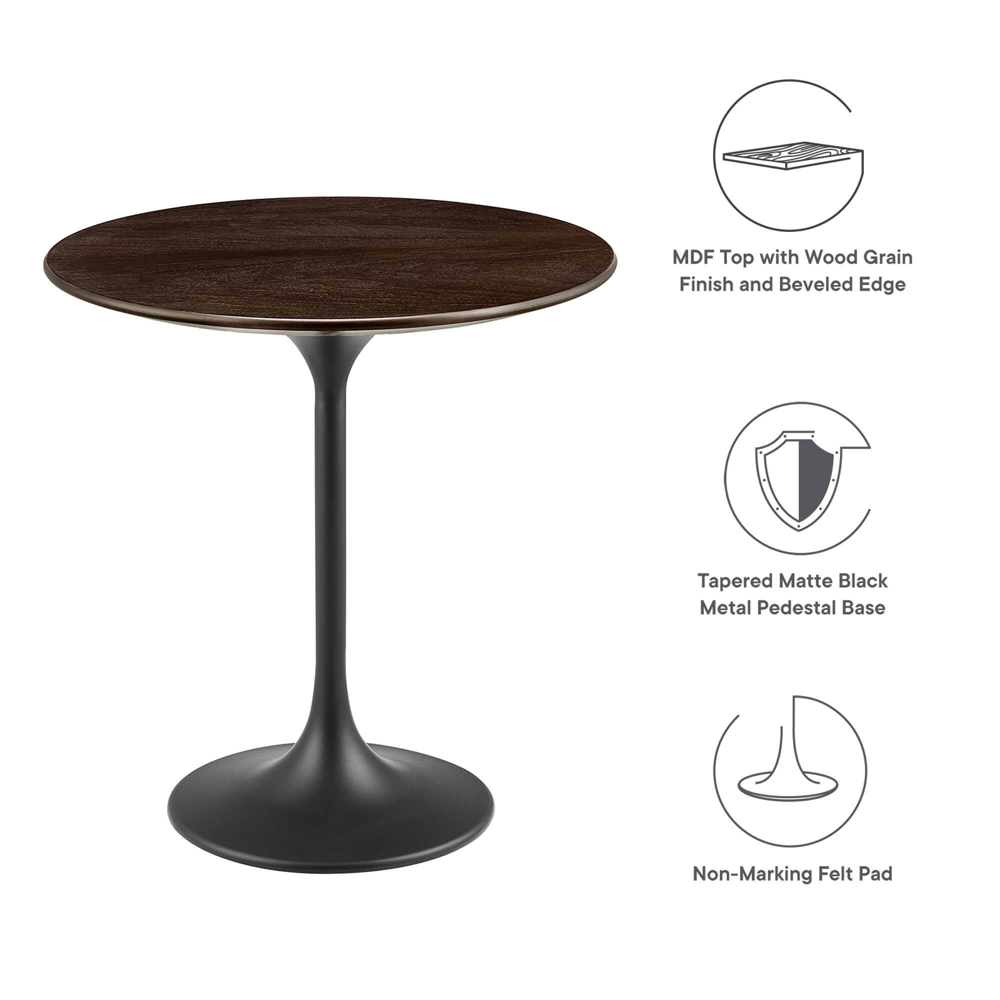 MDF Top with Wood Grain Finish and Beveled Edge  
Tapered Matte Black Metal Pedestal Base  
Non-Marking Felt Pad