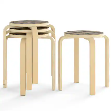 Front. Costway - Costway Set of 4 18" Stacking Stool Round Dining Chair Backless Wood Home Decor - Yellow.