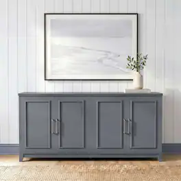 Martha Stewart - Wooden TV Stand-Adjustable Shelves-Solid Wood Frame/Legs - Slate Blue Frame/Gunmetal Hardware